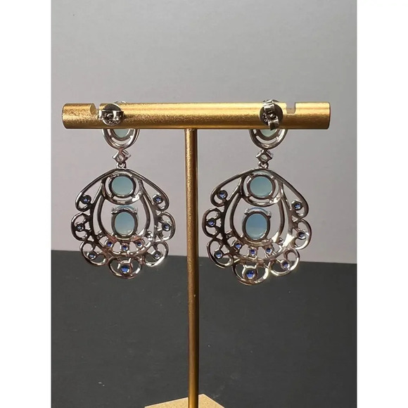 LAB CREATED BLUE SPINEL AND BLUE CHALCEDONY RHODIUM OVER SILVER EARRINGS - Picture 9 of 11